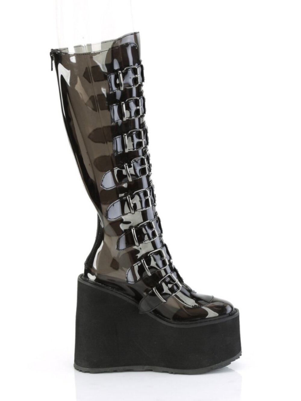 Smoke TPU Knee High Boots with 8 Buckle Straps